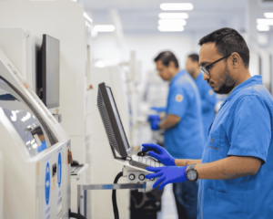 Factory workers in the electronics manufacturing facility
